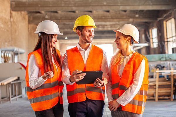 Three construction workers in hard hats and orange safety vests reviewing plans on a job site