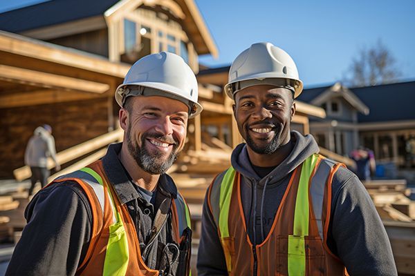 Two construction workers in hard hats and orange vests smiling at a job site