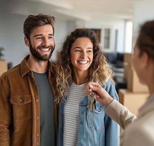 Smiling couple receiving house keys from an agent in a bright home interior