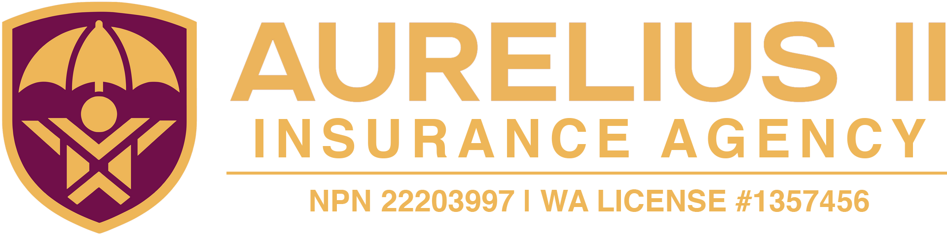 Aurelius II Insurance Agency logo with gold shield emblem and maroon umbrella icon