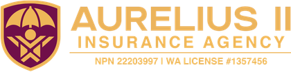 Aurelius II Insurance Agency logo with gold shield emblem and maroon umbrella icon