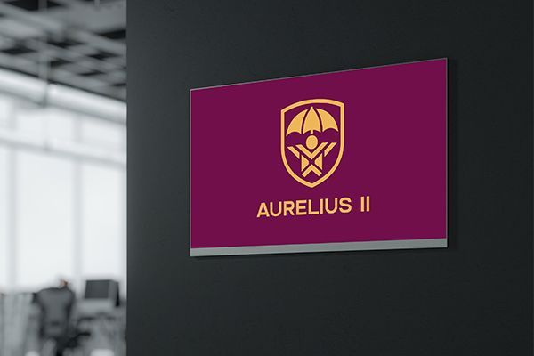 Magenta sign with gold emblem and the text “AURELIUS II” on a dark wall.