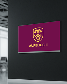 Purple sign with gold emblem and the text “AURELIUS II” on a dark wall.
