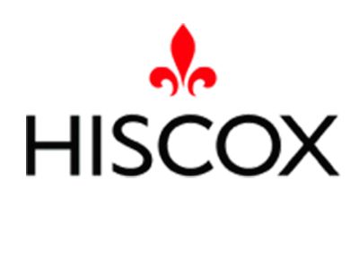 Hiscox logo with black text and a red fleur-de-lis icon above it