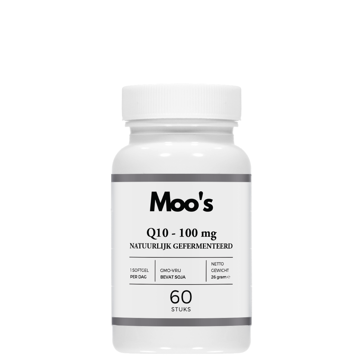 Witte fles Moo's Q10-100mg capsules. De fles heeft een witte dop, een etiket en bevat 60 capsules.