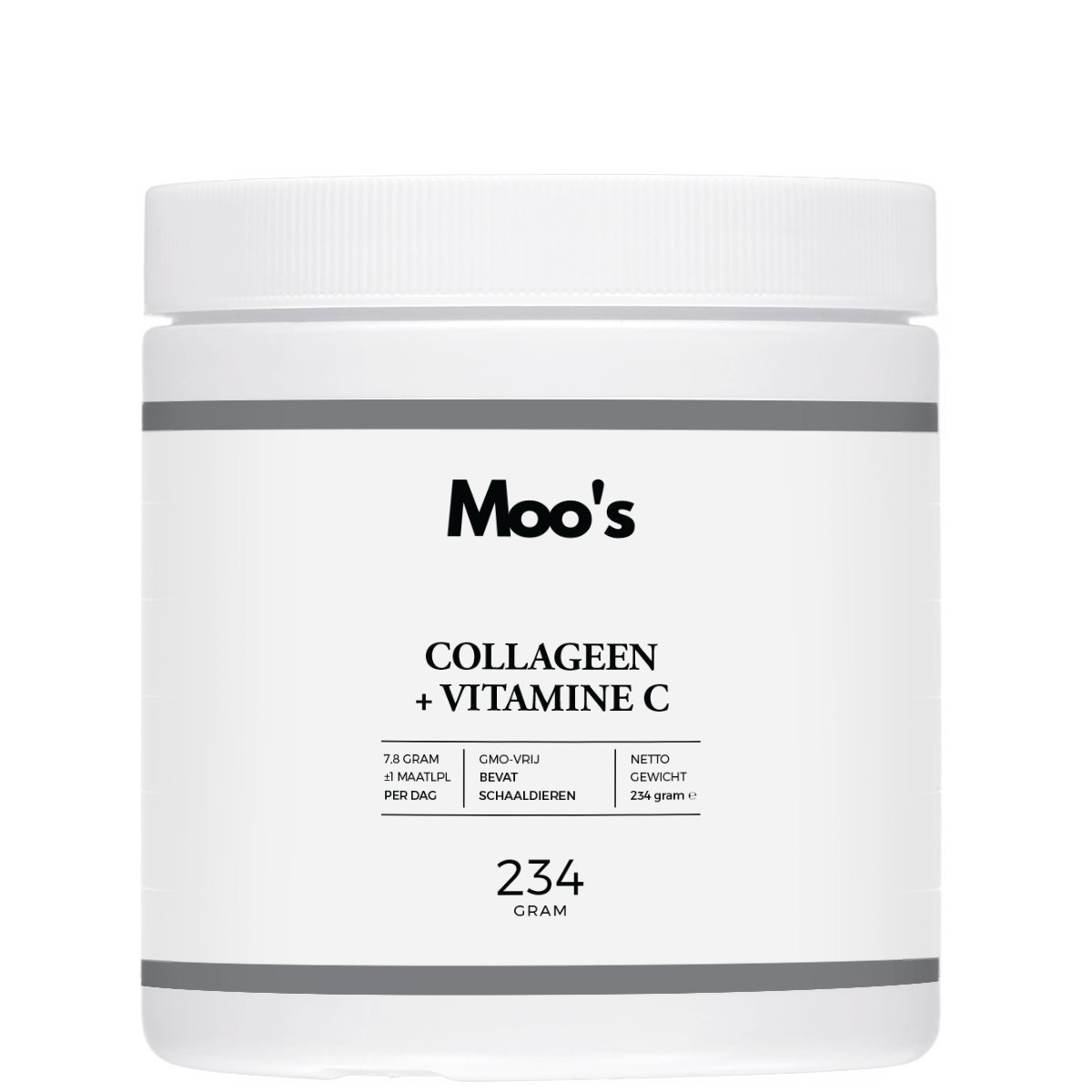 Witte pot van Moo's collageen + vitamine C supplement met zwarte tekst, en een gewicht van 234 gram.