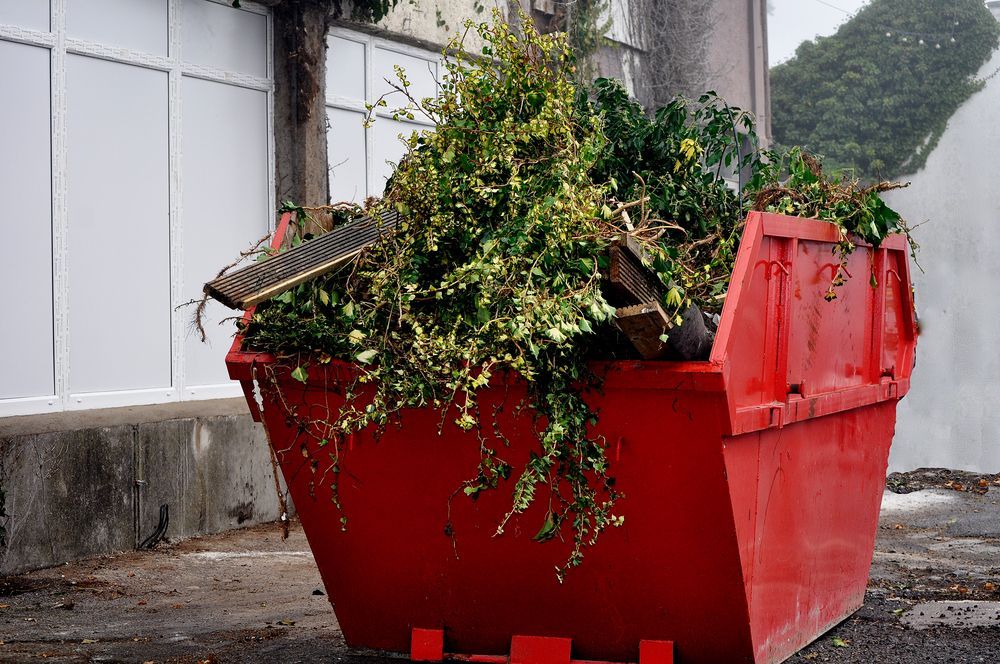 Red Dumpster Overflowing With Green Yard Waste and Debris — Hasti Skips in Evans Head, NSW