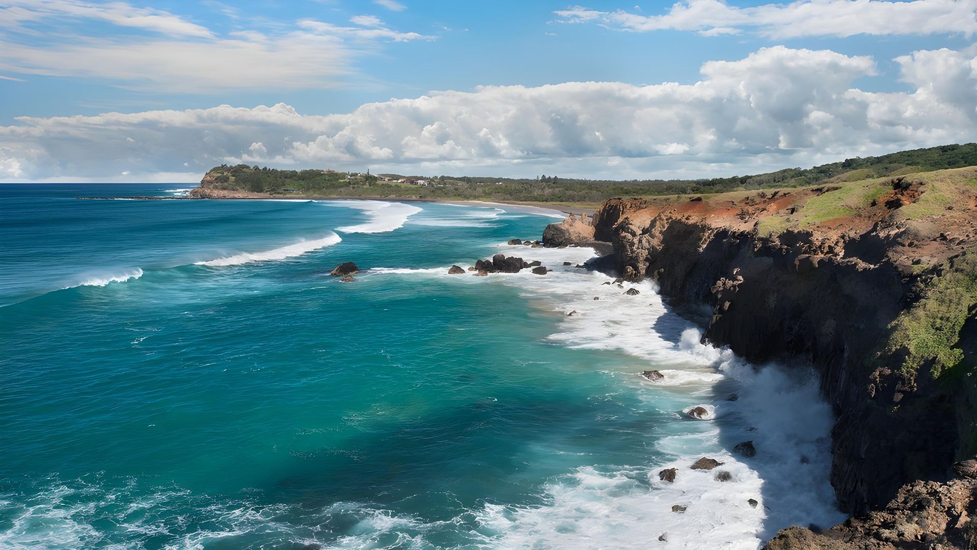 Ocean Waves Crash Against a Rocky Cliffside Under a Blue Sky With Scattered Clouds — Hasti Skips in Lennox Head, NSW