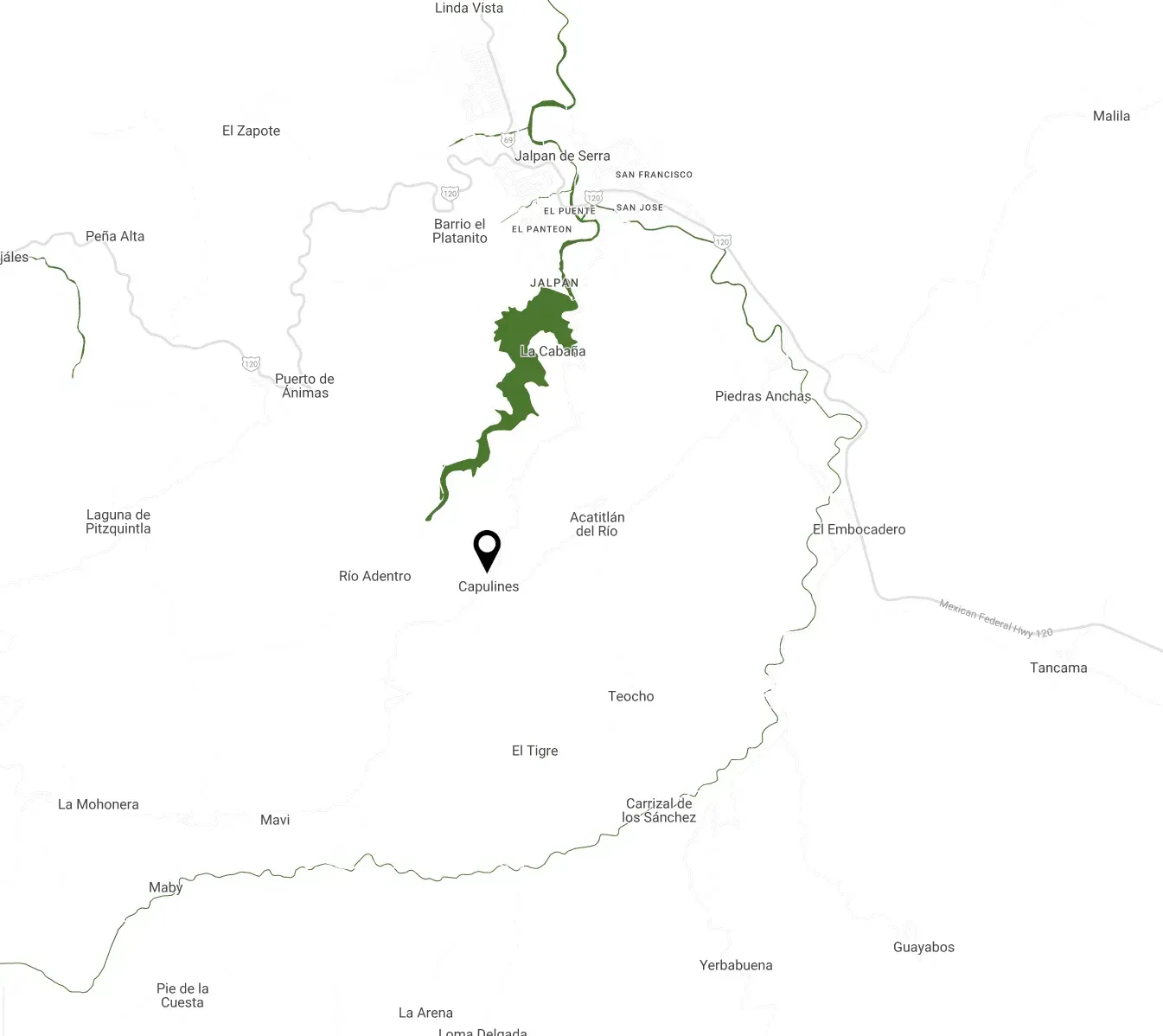 Mapa con una región resaltada en verde y un marcador de ubicación centrado sobre un fondo blanco.