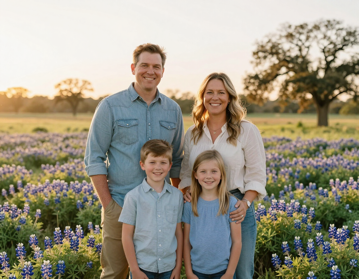 Texas family in a field of bluebonnets