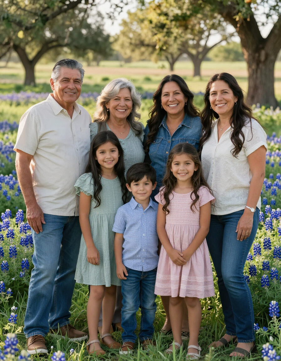 Multigenerational Hispanic family smiling outdoors with bluebonnets in Texas