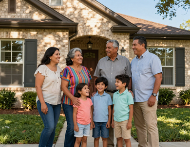 Multigenerational Latino family outside Texas home