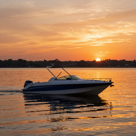 Motorboat on Texas lake at sunset