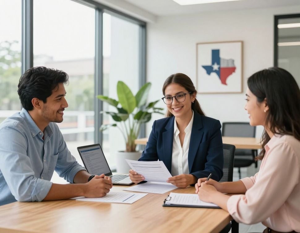 Bilingual insurance agent helping Latino couple