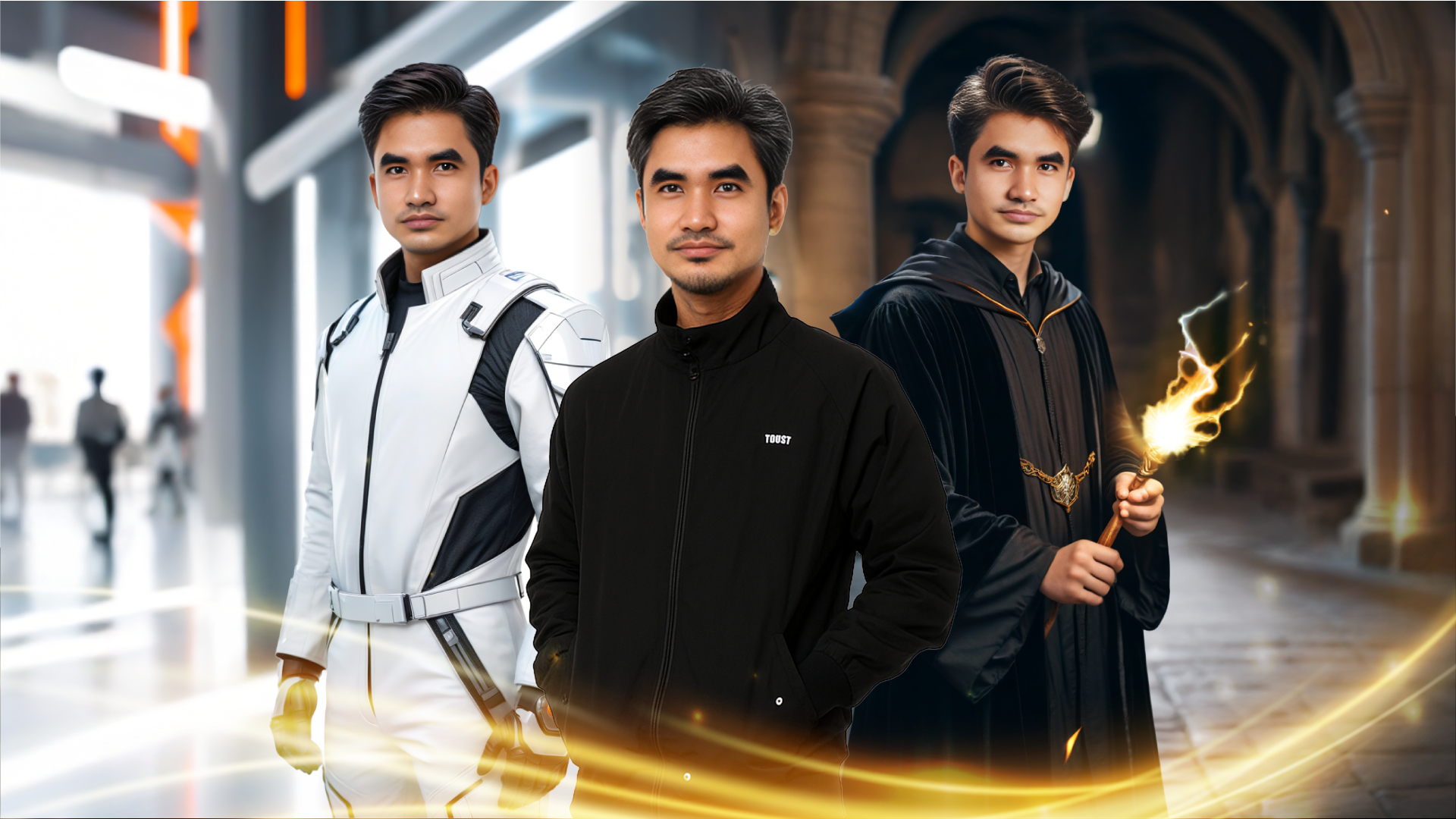 Three posed figures in a futuristic corridor, one in white, one in black, one holding a glowing flame.