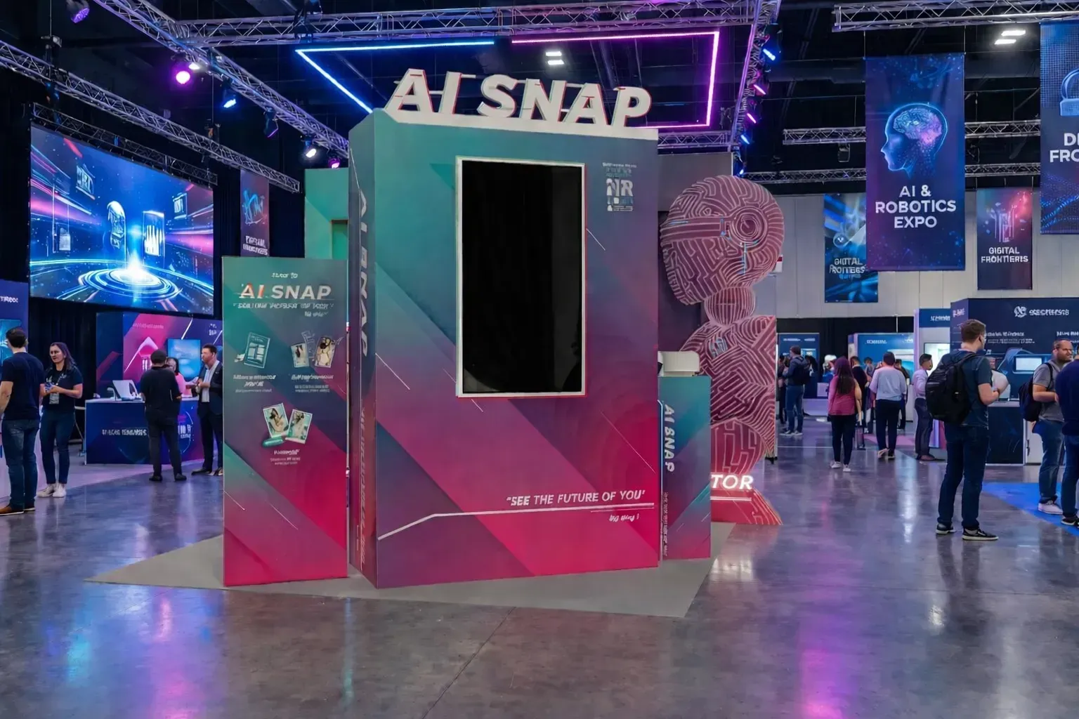 ตู้โฟโต้บูธถ่ายภาพ AI SNAP ในงานเทคโนโลยี ออกแบบสไตล์ฟิวเจอร์ริสติก มีจออินเทอร์แอคทีฟด้านหน้า เหมาะสำหรับกิจกรรม AI Experience และงานอีเวนต์