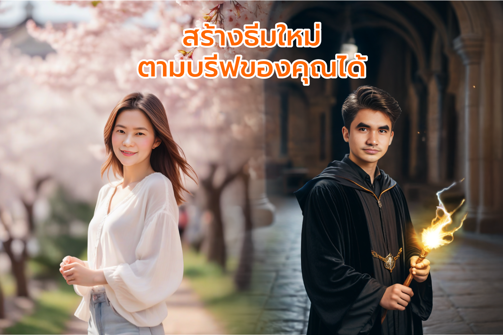 Two people stand in a blossom-lined path; Thai text overlays the top, and one holds a glowing spark.