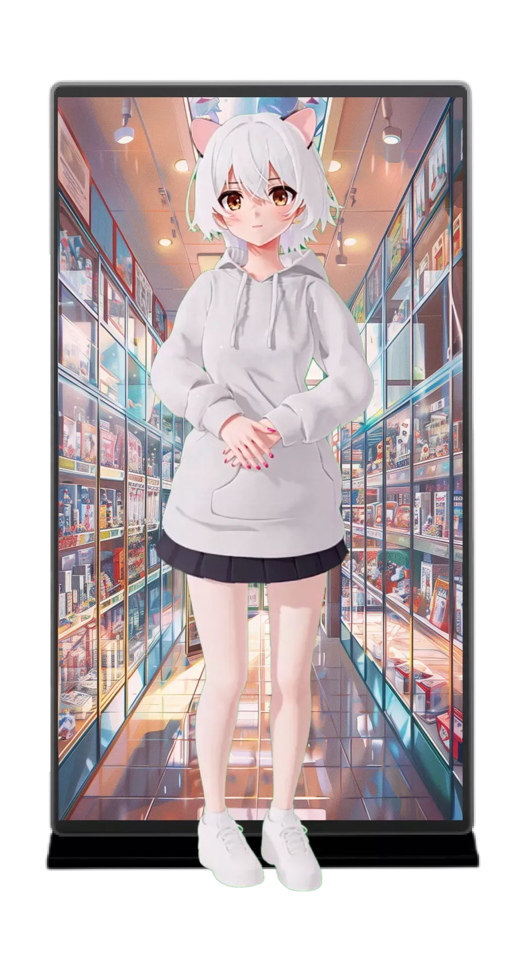Anime-style character standing in a supermarket aisle, wearing a white hoodie and skirt, with white hair and cat ears