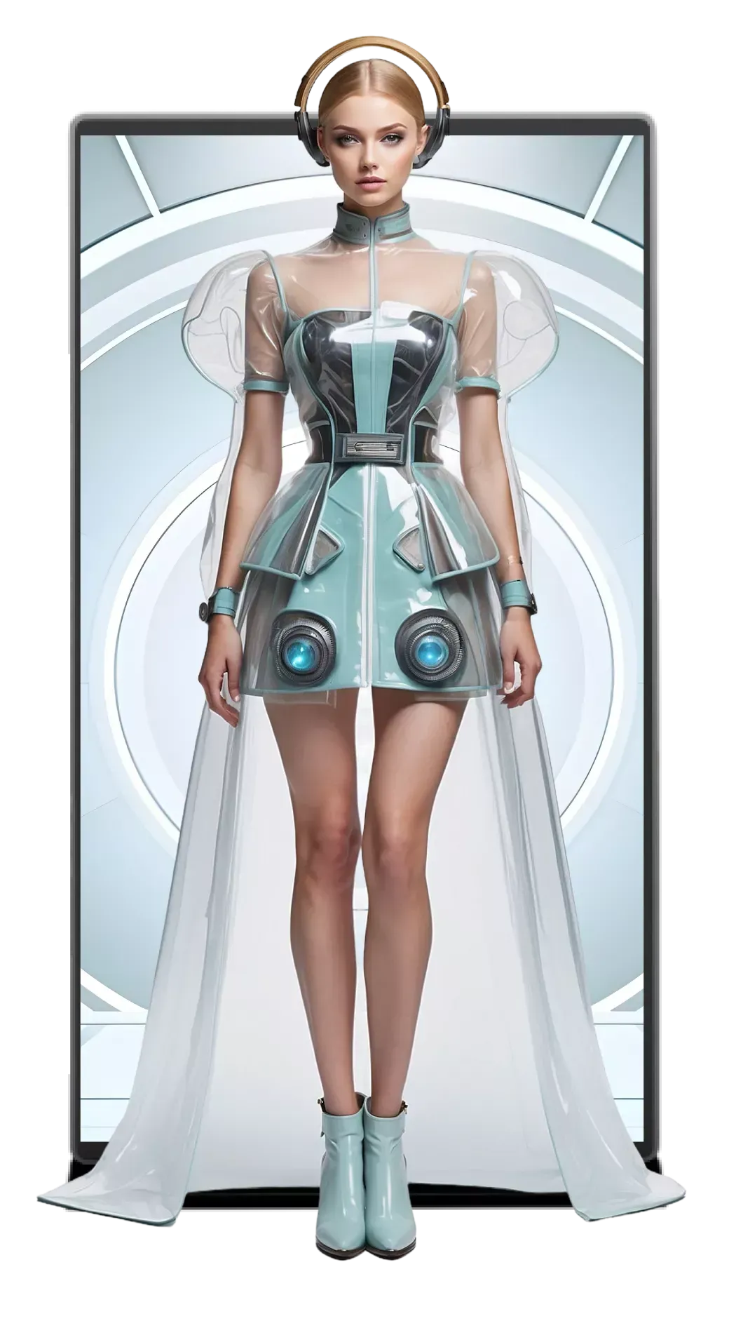 Futuristic female robot in a silver and teal dress, standing in a sleek white sci-fi doorway.