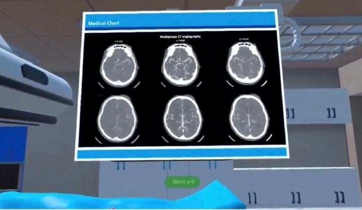 Medical monitor displaying six brain scan images in a blue-toned hospital room