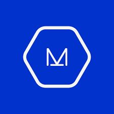 White hexagon logo with an “M” on a blue background