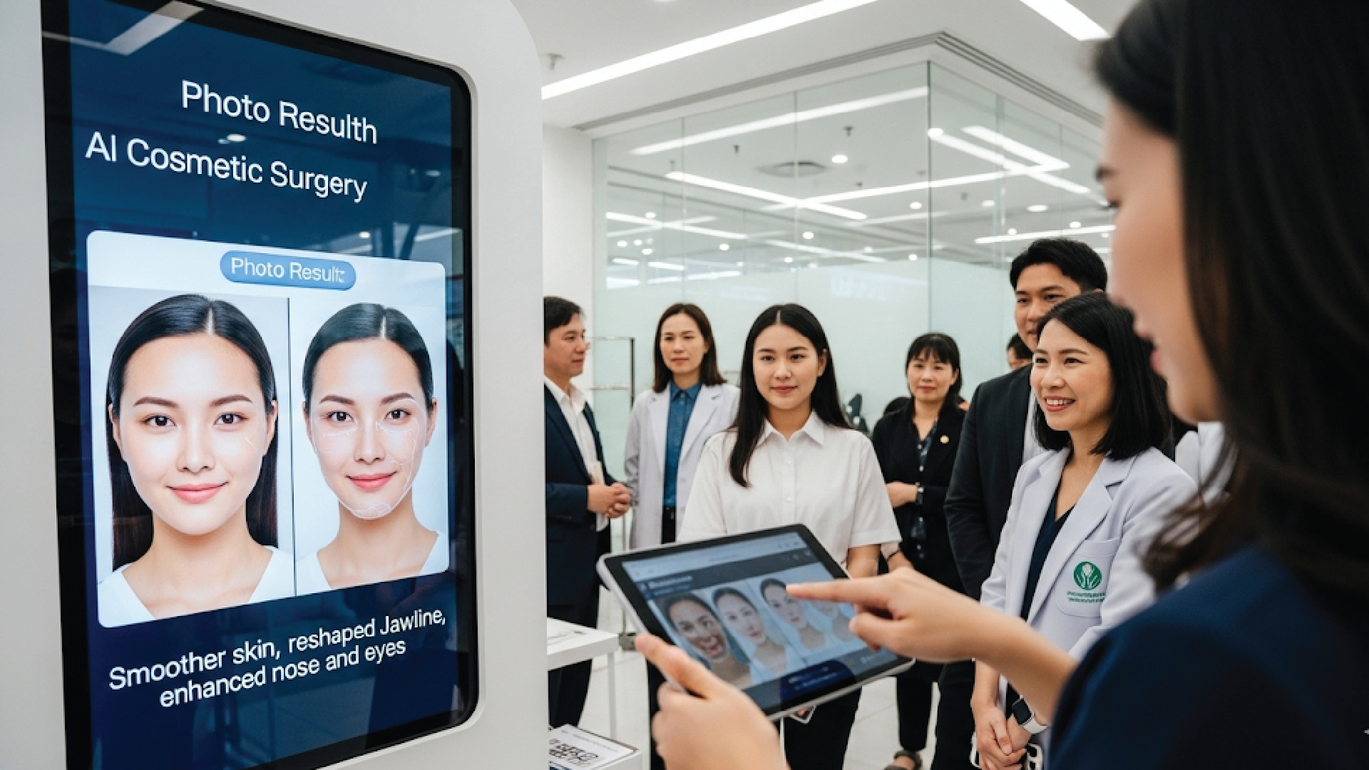 Healthcare team viewing a facial analysis display in a bright clinic lobby