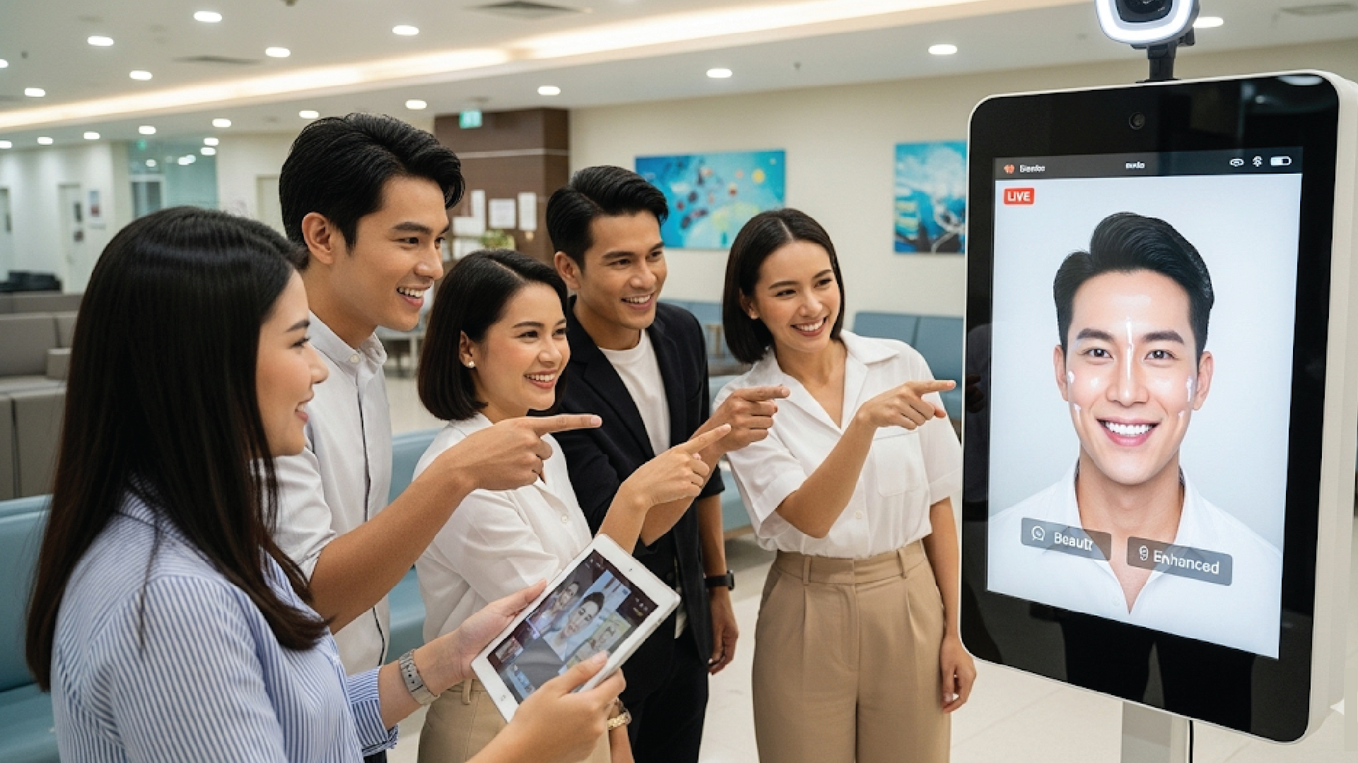 People smiling and pointing at a large tablet displaying a man’s face in an office lobby