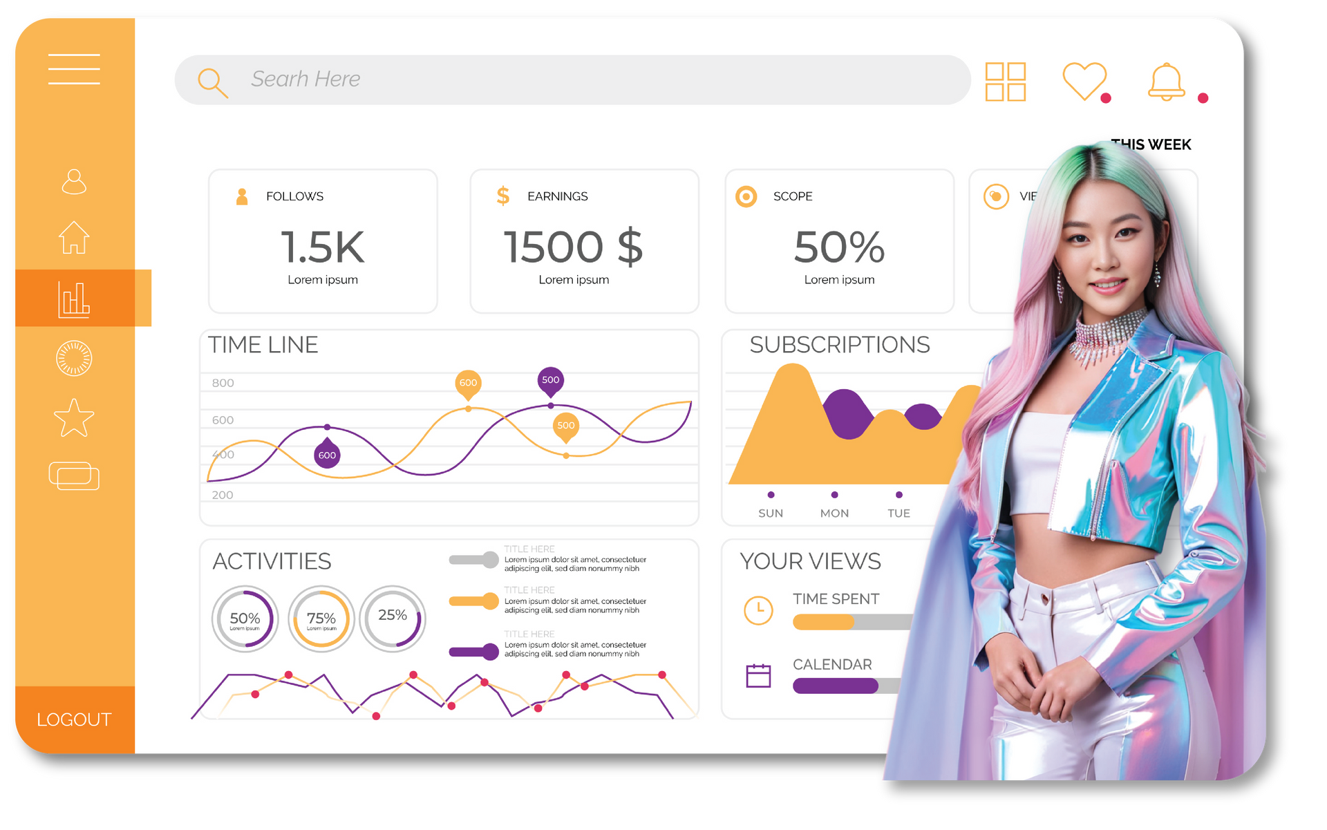 Pastel analytics dashboard with charts and metrics beside a woman in a blue dress