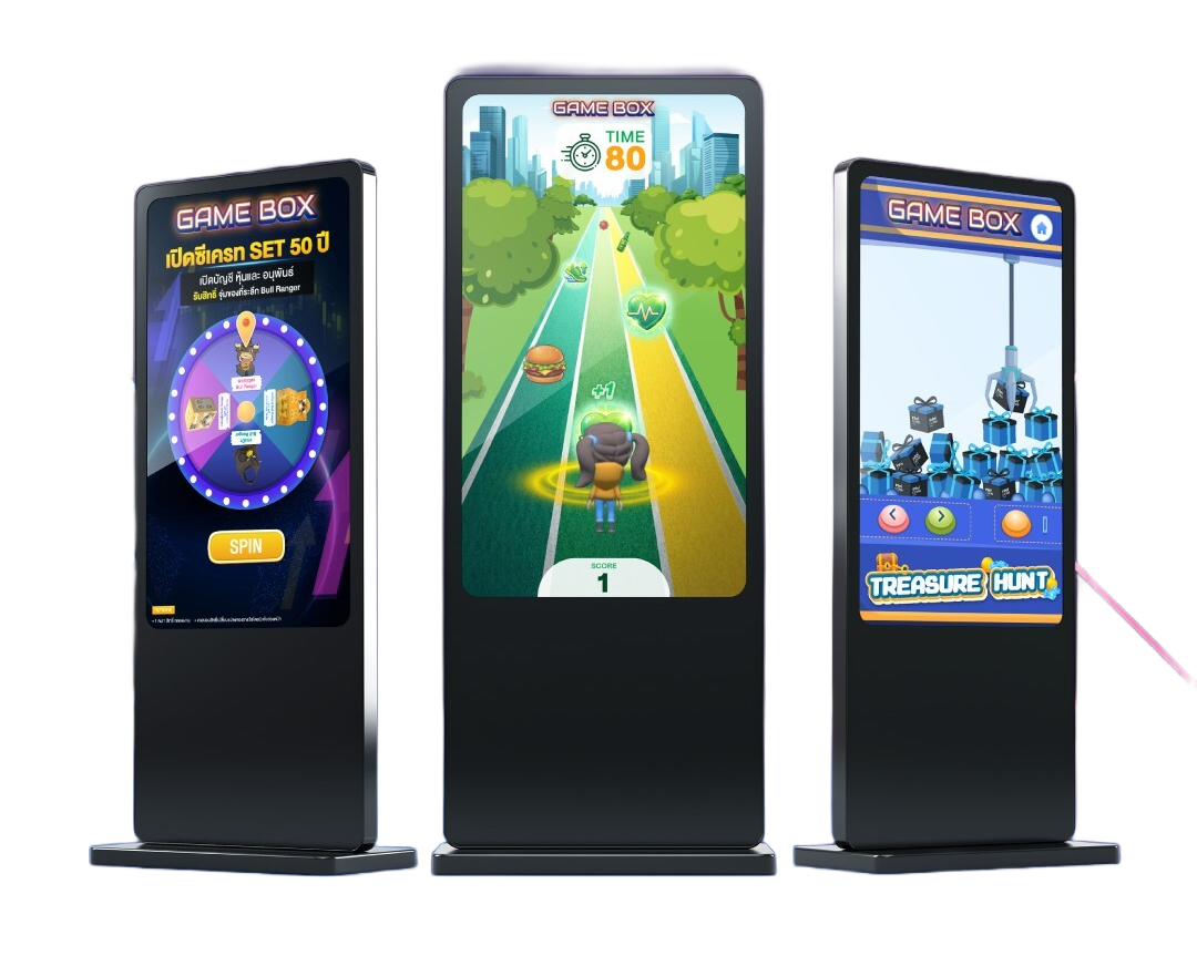 Three black arcade cabinets with colorful game screens, centered on a white background