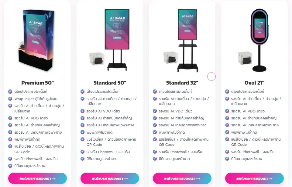 แพ็กเกจตู้ถ่ายรูป AI Photo Booth แบบ Premium 50 นิ้ว Standard 50 นิ้ว Standard 32 นิ้ว และ Oval 21 นิ้ว