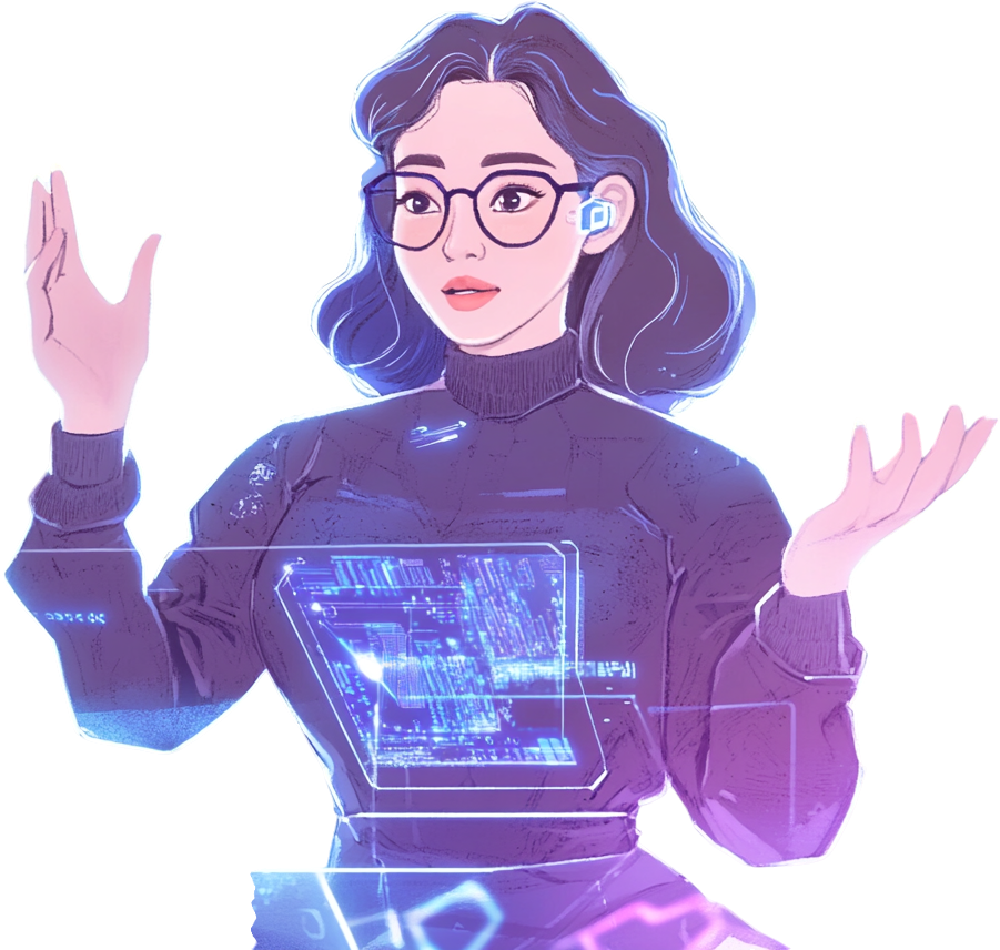 Stylized woman with glasses and purple hair, gesturing beside a glowing digital chest panel.