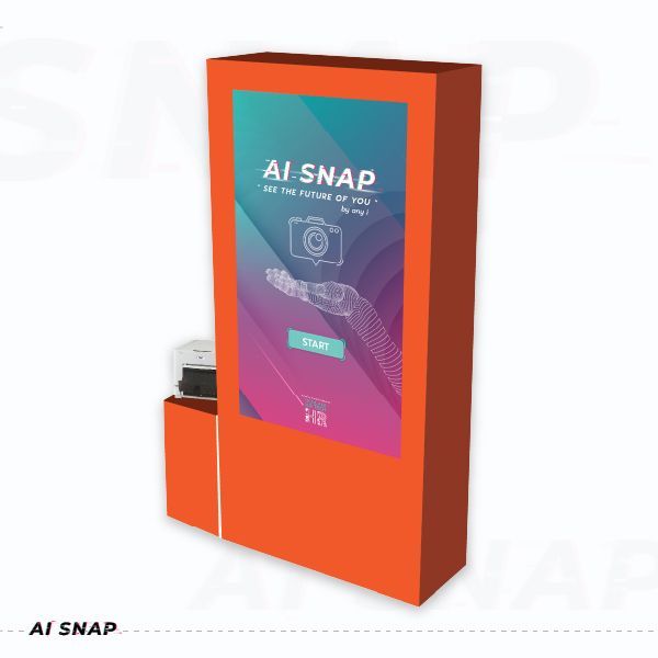 Orange AI Snap kiosk with a teal-and-purple touchscreen display and side component.