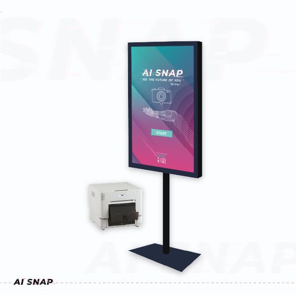 Digital kiosk display stand with a colorful “AI SNAP” screen and a small printer beside it