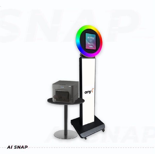 Self-service kiosk with rainbow LED ring, touchscreen, and gray printer on a stand