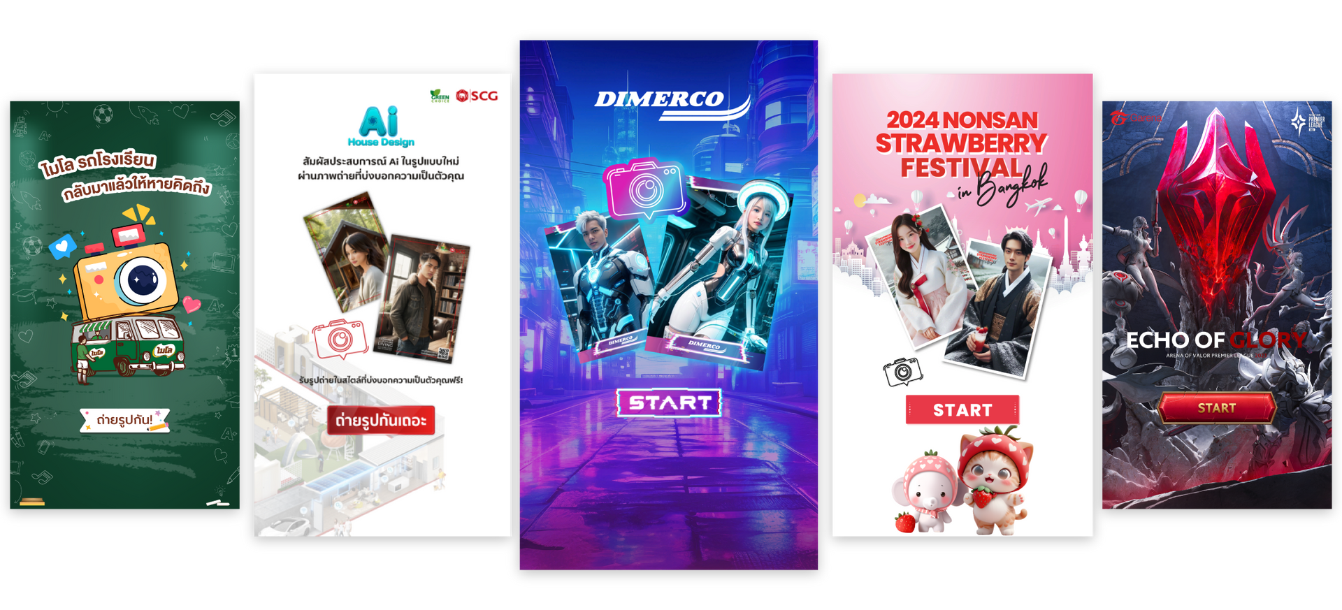 Five colorful movie and TV posters arranged side by side on a white background