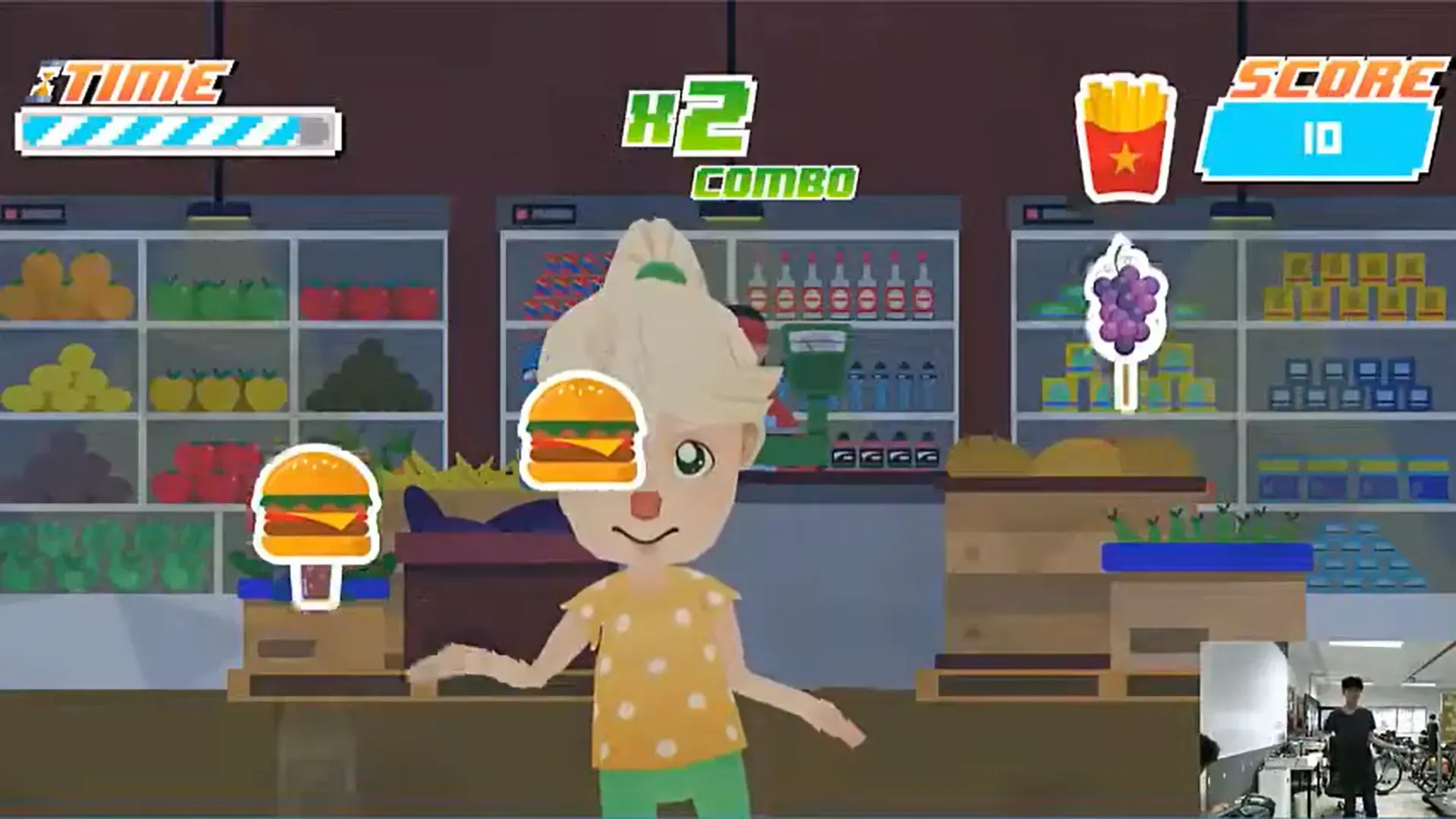 Cartoon grocery store game screen with a smiling character facing floating burger icons and a score display
