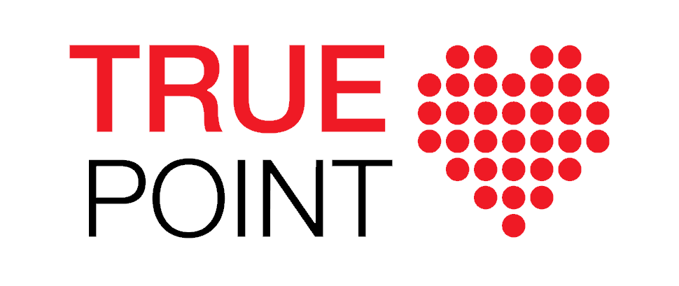 TRUE POINT logo with red text and a red dotted heart icon