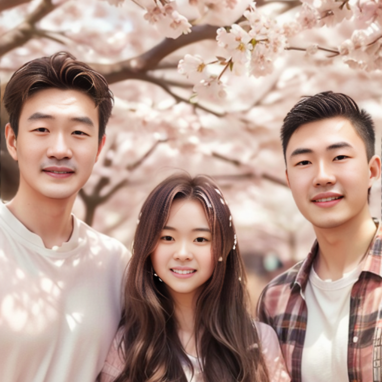 Three smiling friends standing under blooming cherry blossoms outdoors