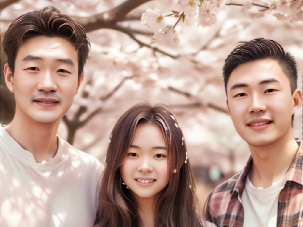 Three people smiling outdoors under pink cherry blossoms