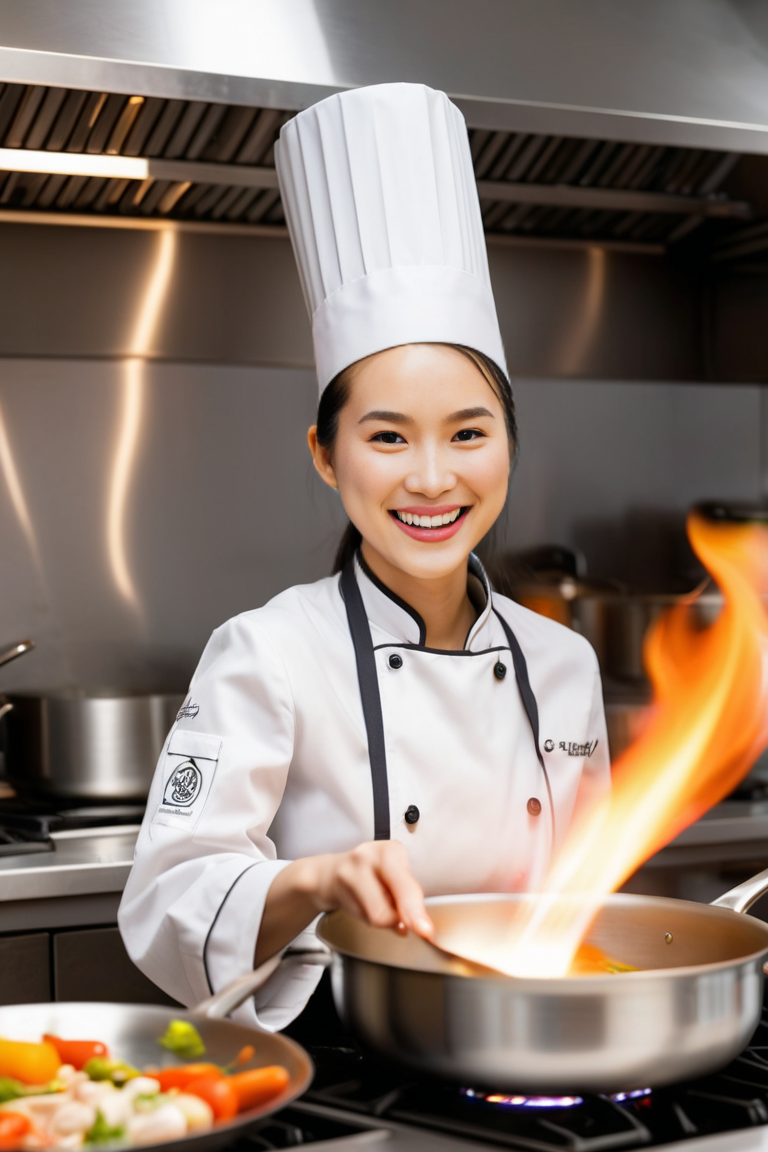 Chef in white uniform and tall hat flambés food in a restaurant kitchen, smiling.