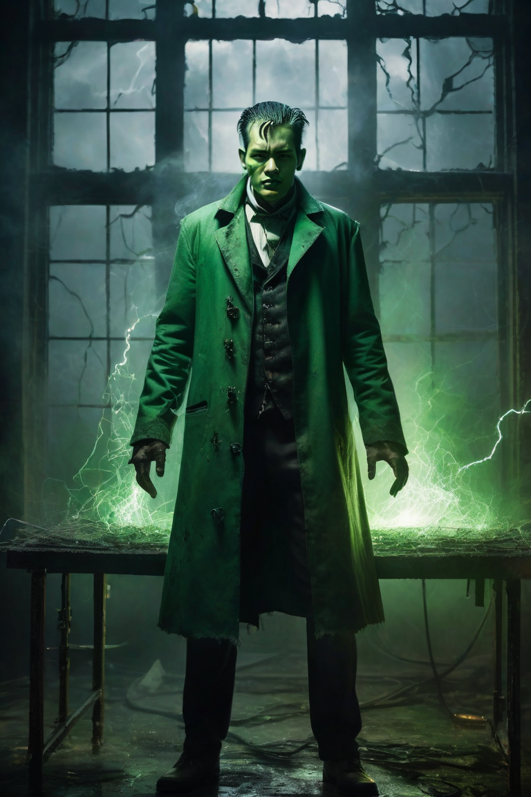 Green-skinned man in a green coat stands in a dark room before a cracked, glowing window.