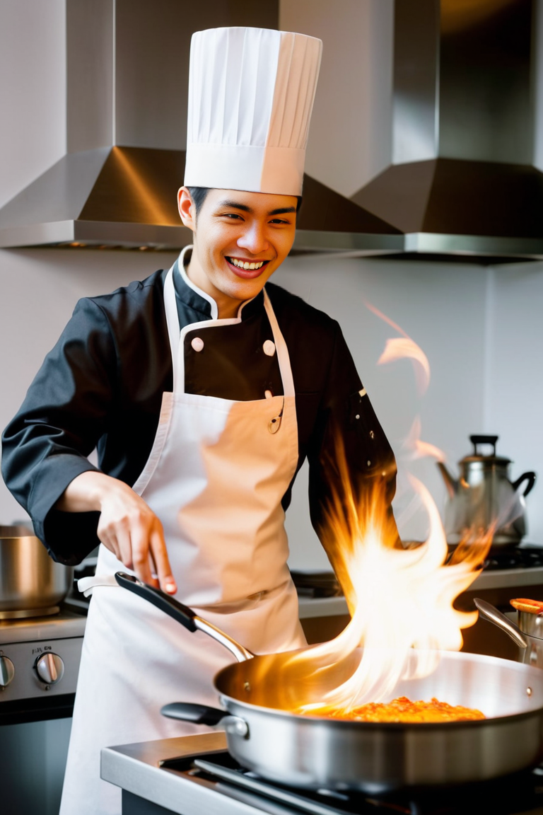 Chef in black uniform and white hat flambéing food in a pan in a stainless-steel kitchen.