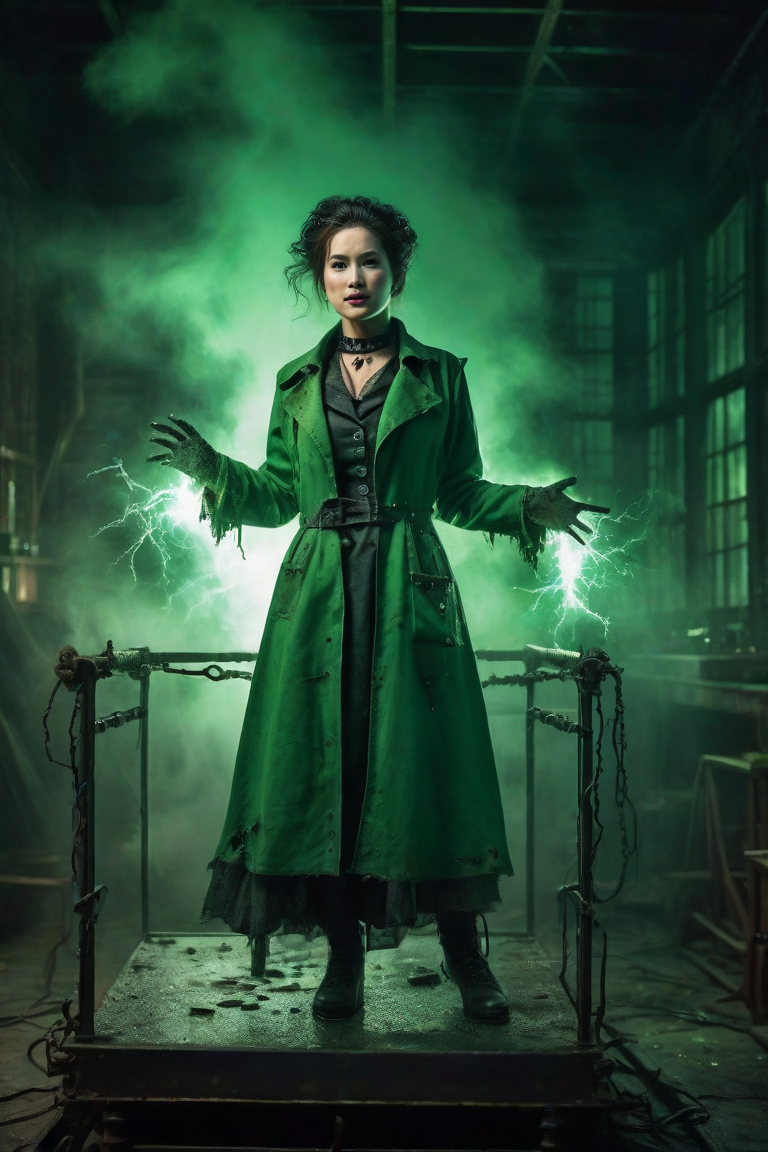 Woman in a green coat stands on a platform, holding glowing green energy in a dark, smoky room.