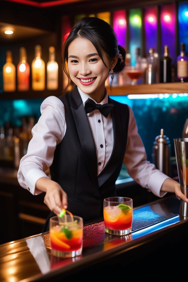 Bartender serving two colorful cocktails at a neon-lit bar, smiling behind the counter.