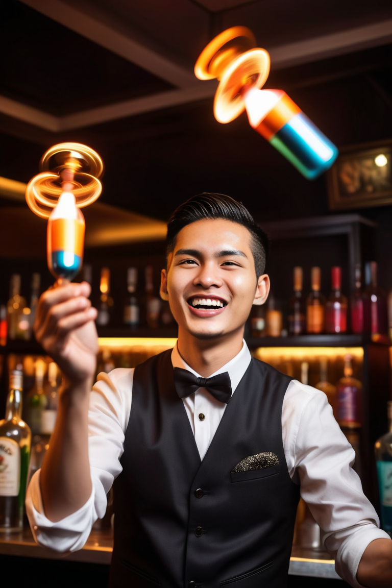 Bartender juggling flaming bottles behind a bar, smiling in a warm-lit lounge.