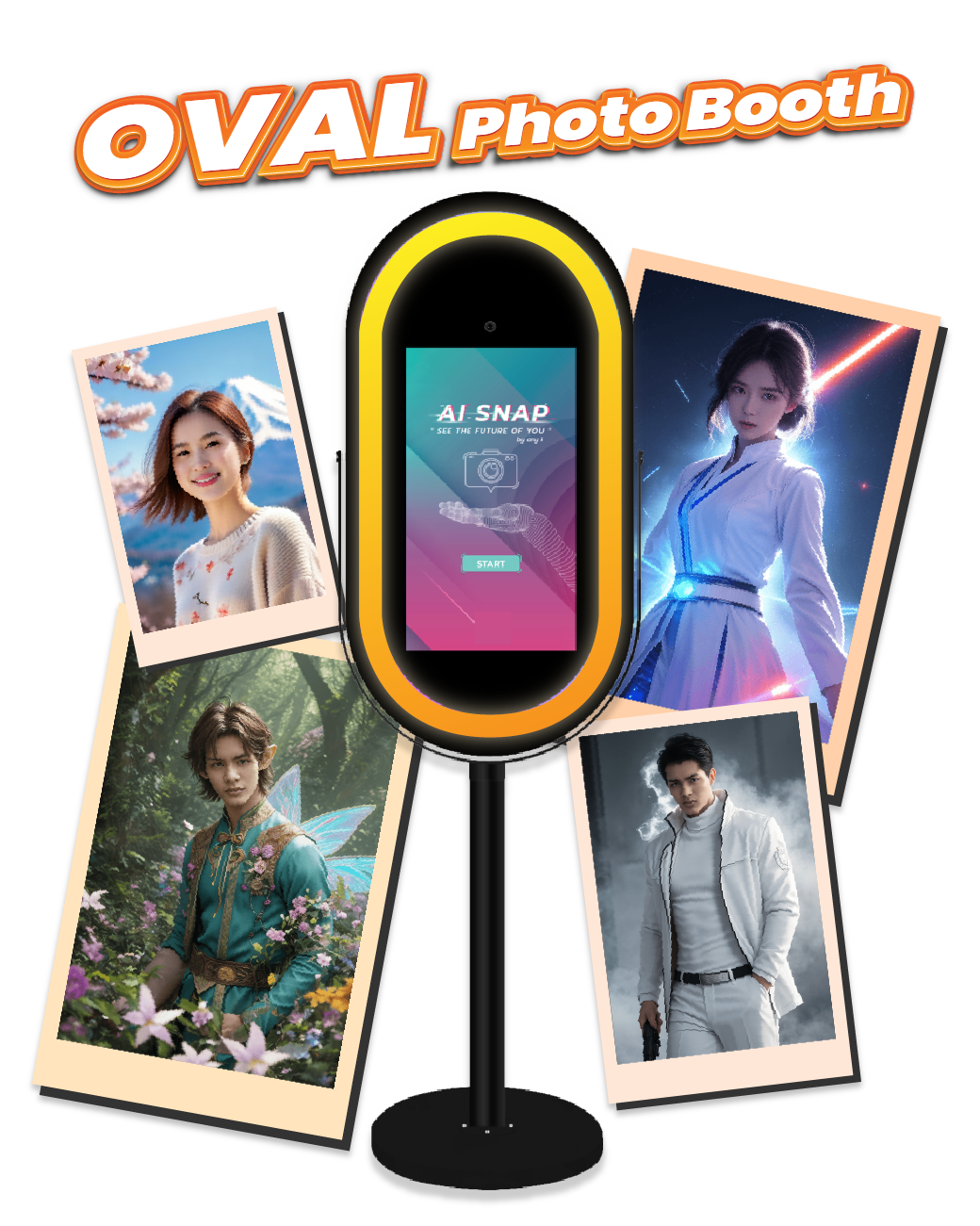 Oval photo booth with glowing screen, surrounded by four colorful portrait photos on a stand