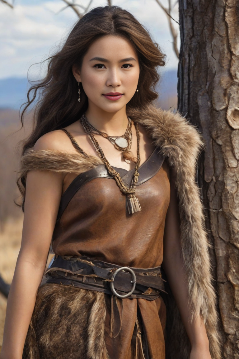 Woman in a brown fur-trimmed leather outfit standing by a tree, wearing layered necklaces and a belt.