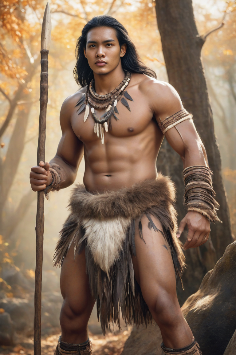 Muscular figure in fur and bone adornments standing in a forest, holding a wooden staff.