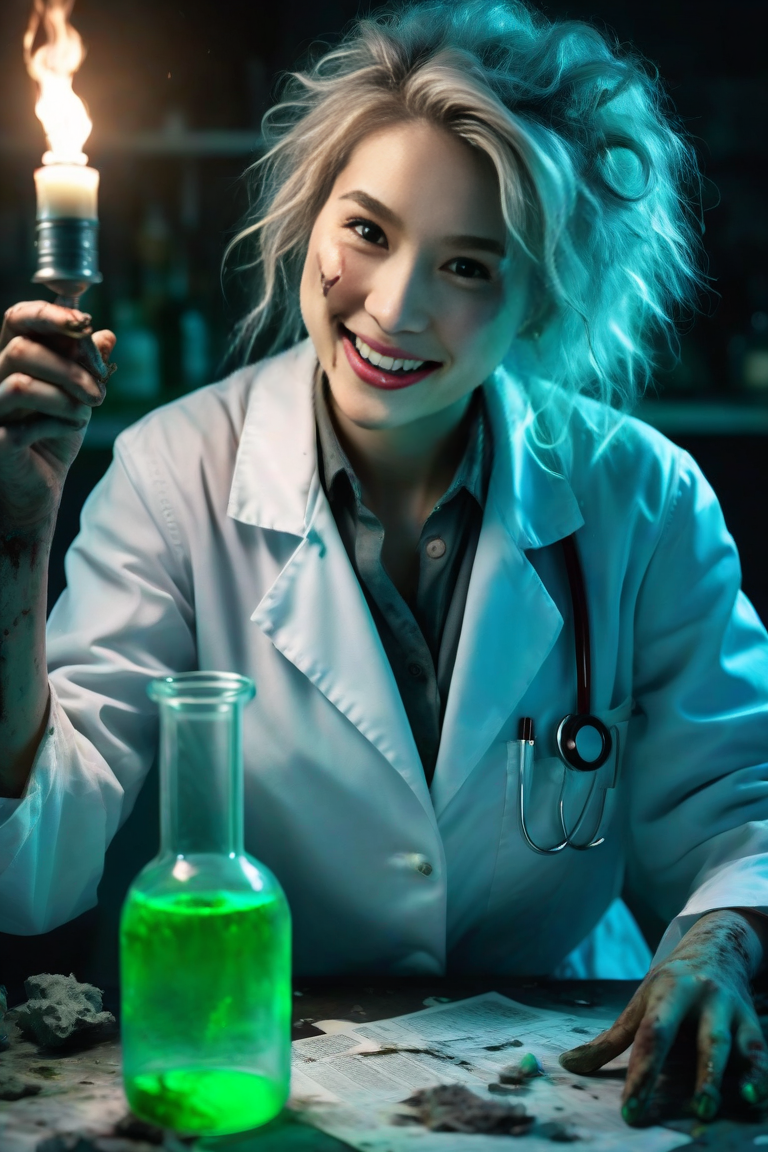 Smiling scientist in a lab coat holding a lit candle beside a glowing green flask in a dark laboratory