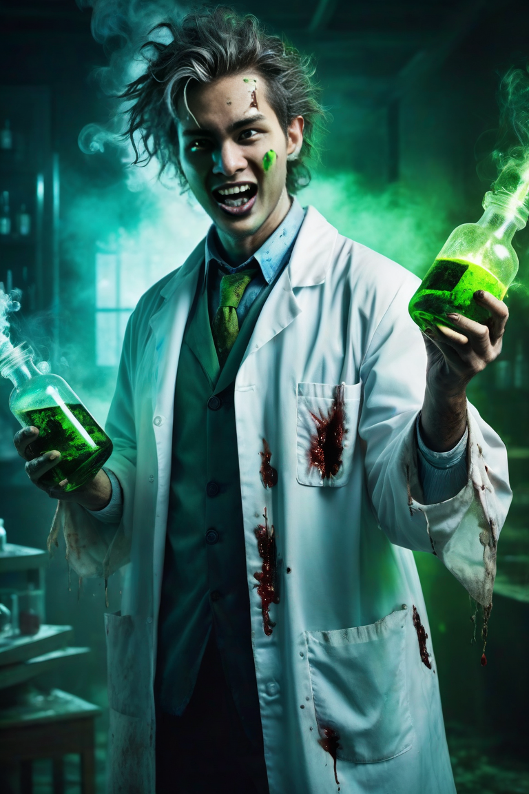 Mad scientist in a lab coat grins while holding two glowing green vials in a dark, eerie lab